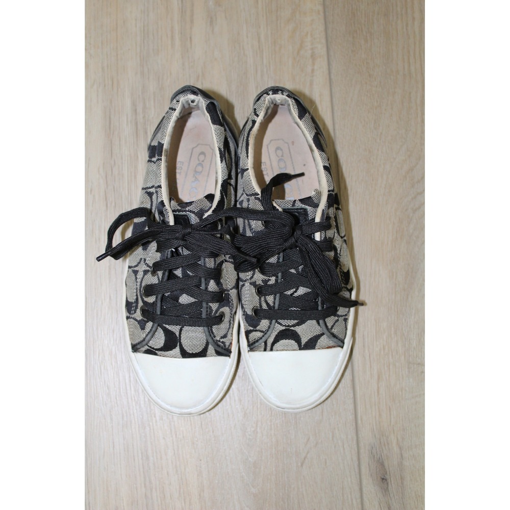 Coach P227 Signature Monogram Canvas Low Top Sneakers Black Grey Womens 6B